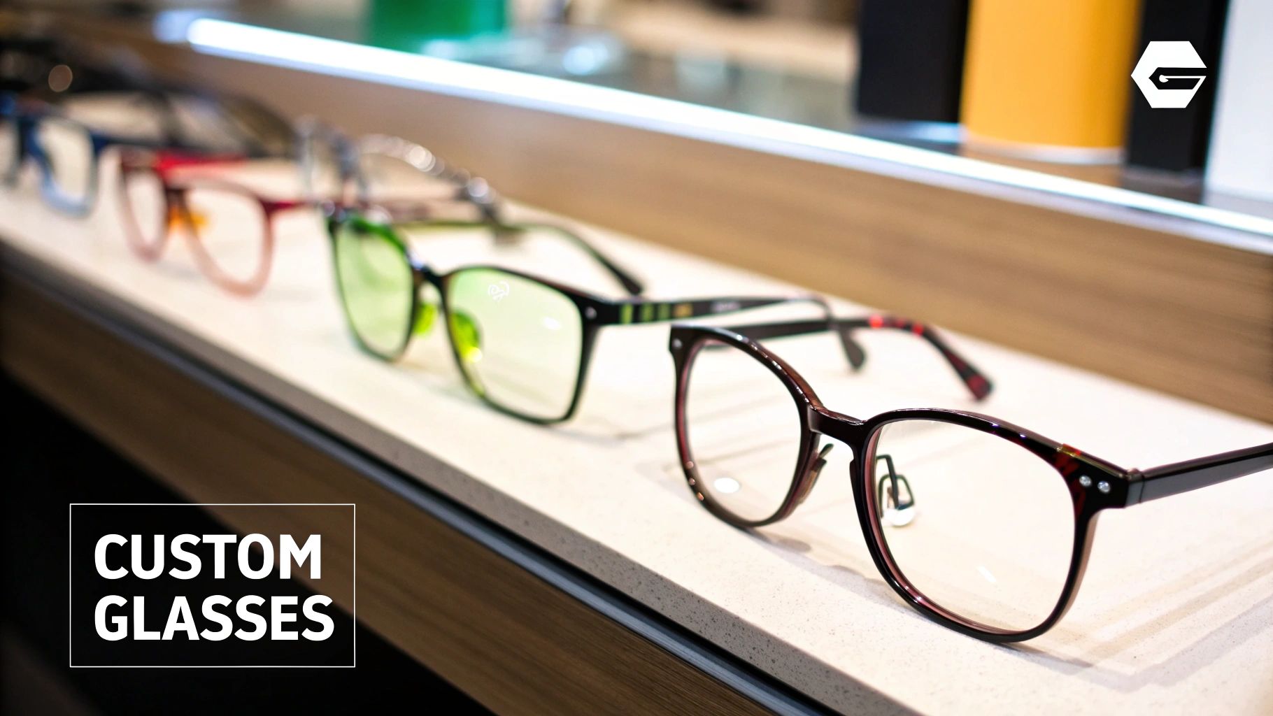 A person happily trying on new prescription glasses in an optical store
