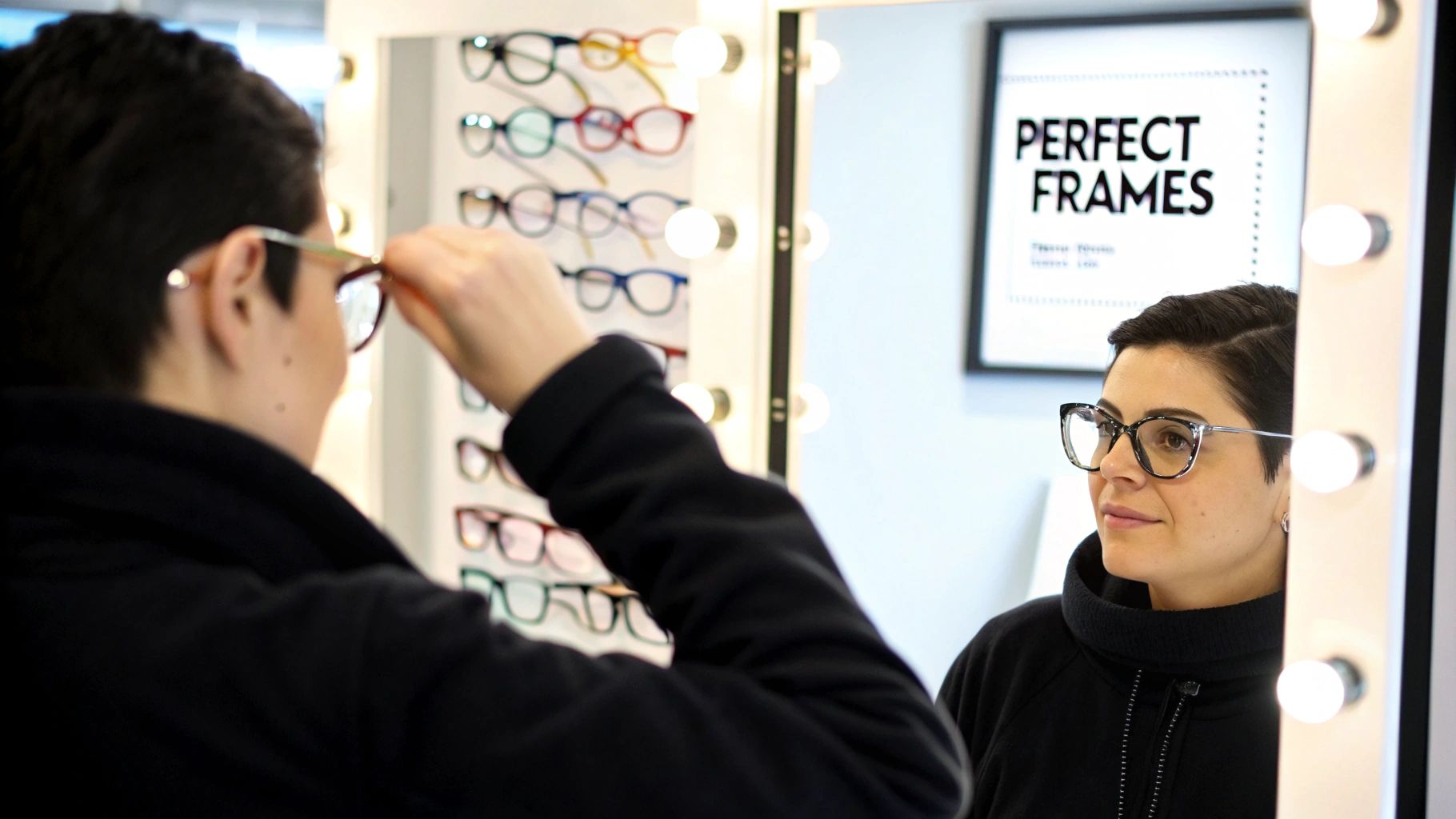 A diverse group of people smiling and wearing different styles of eyeglasses.