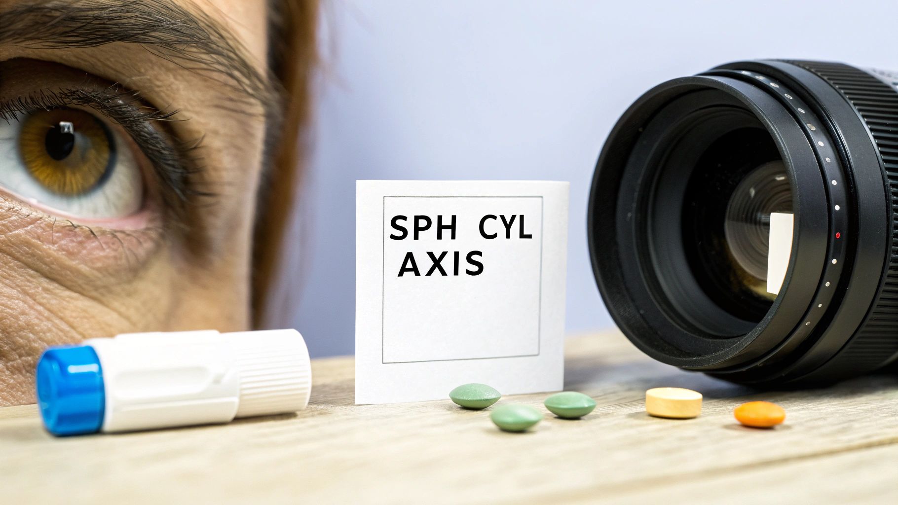 Close-up of a human eye, a card with 'SPH CYL AXIS', camera lens, eye drops, and pills.