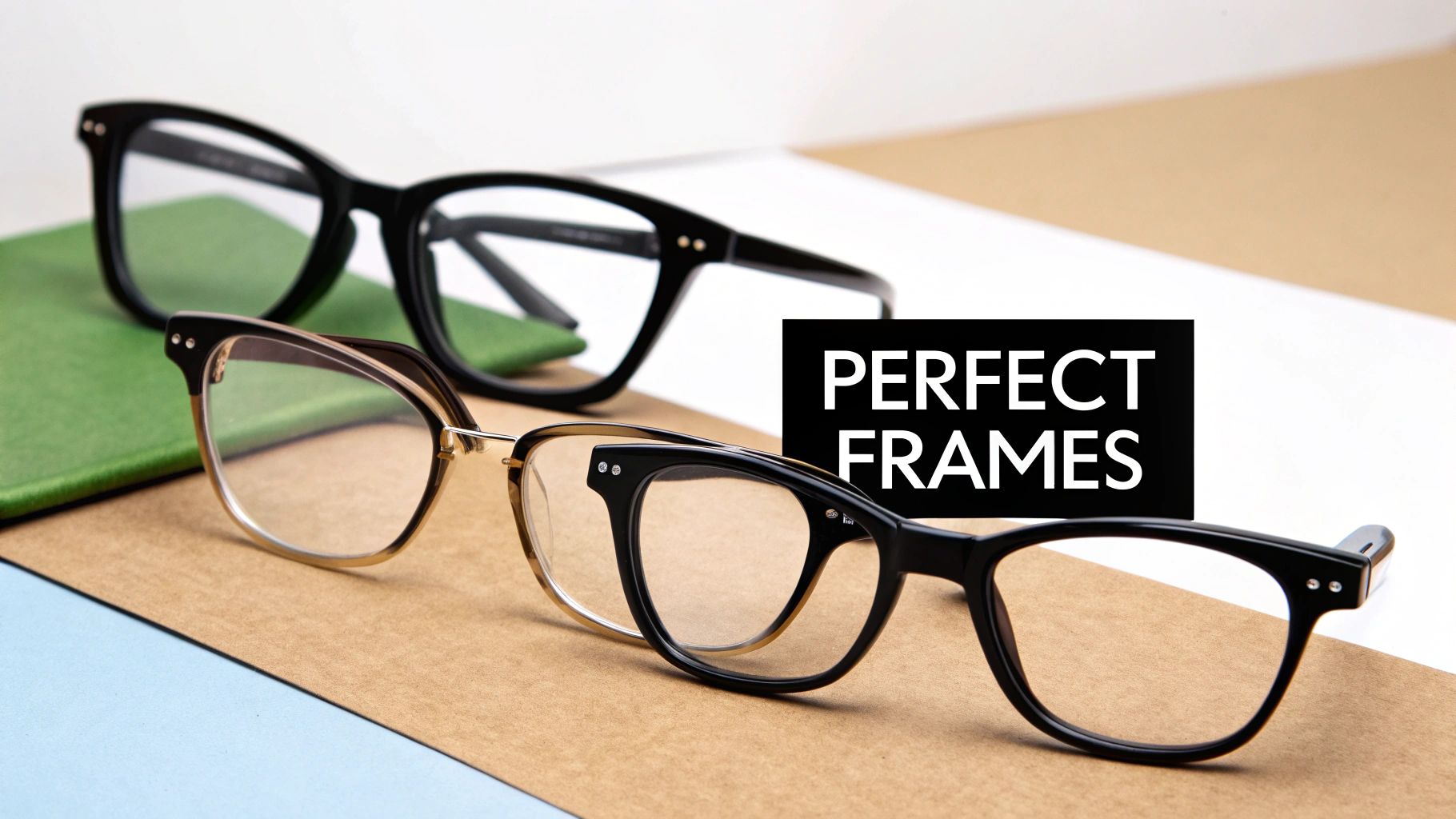 Three stylish pairs of eyeglasses, black and tortoiseshell, displayed on colorful paper with text 'PERFECT FRAMES'.