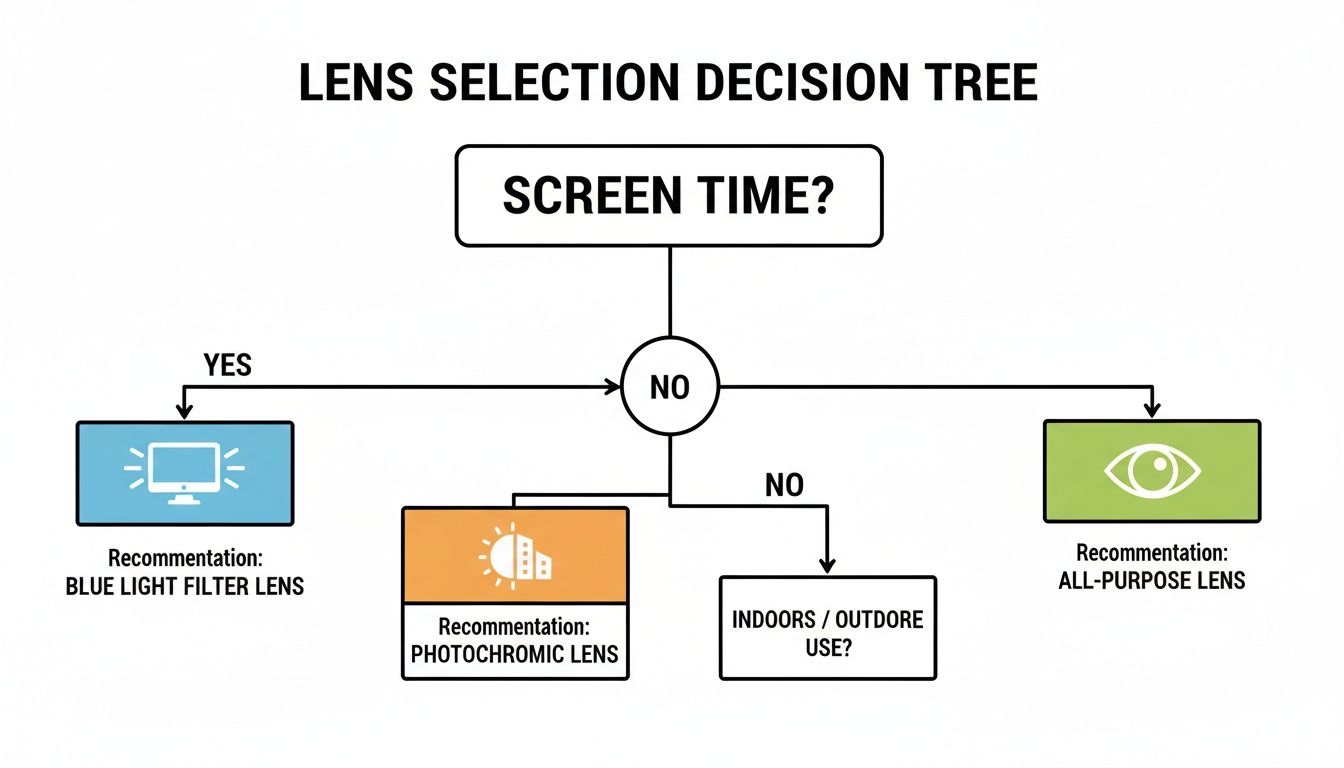Decision tree for lens selection based on screen time, outdoor use, and general vision needs.
