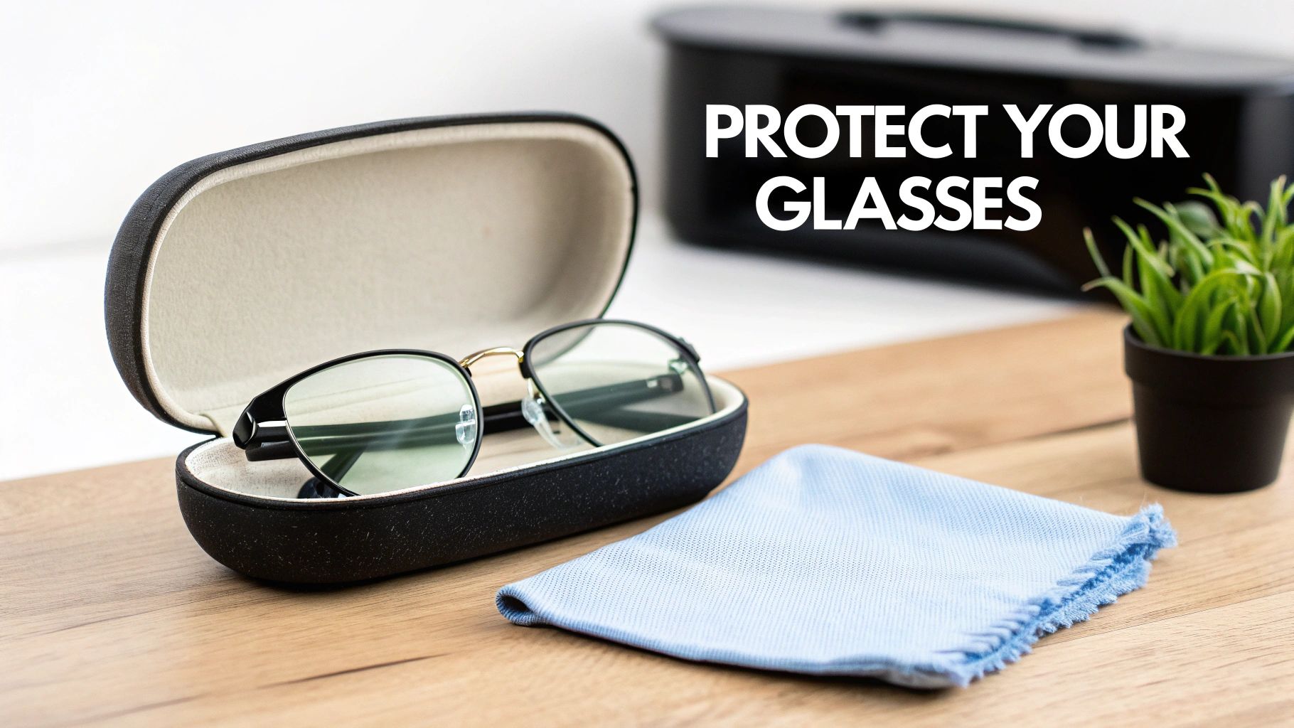 A pair of black-framed glasses resting in an open hard case, next to a blue cleaning cloth.