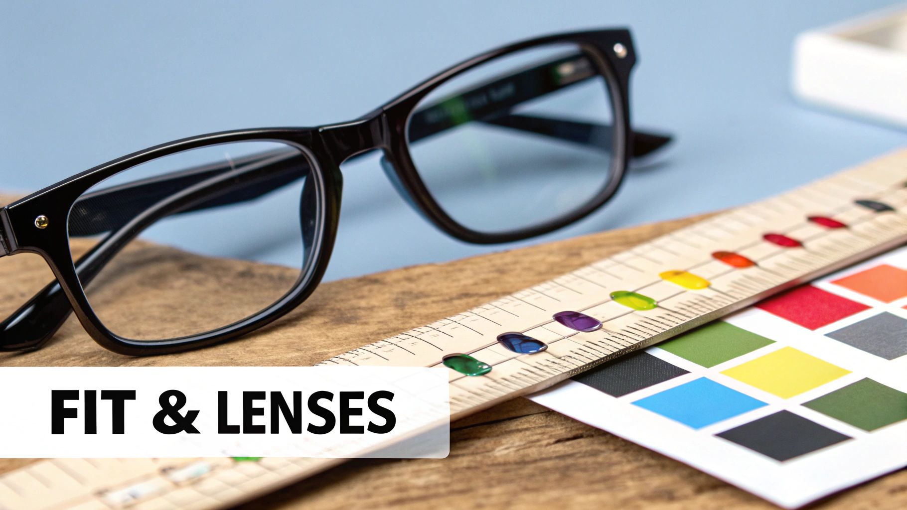 Black-rimmed glasses, a ruler with colorful drops, and color swatches for optical fitting.