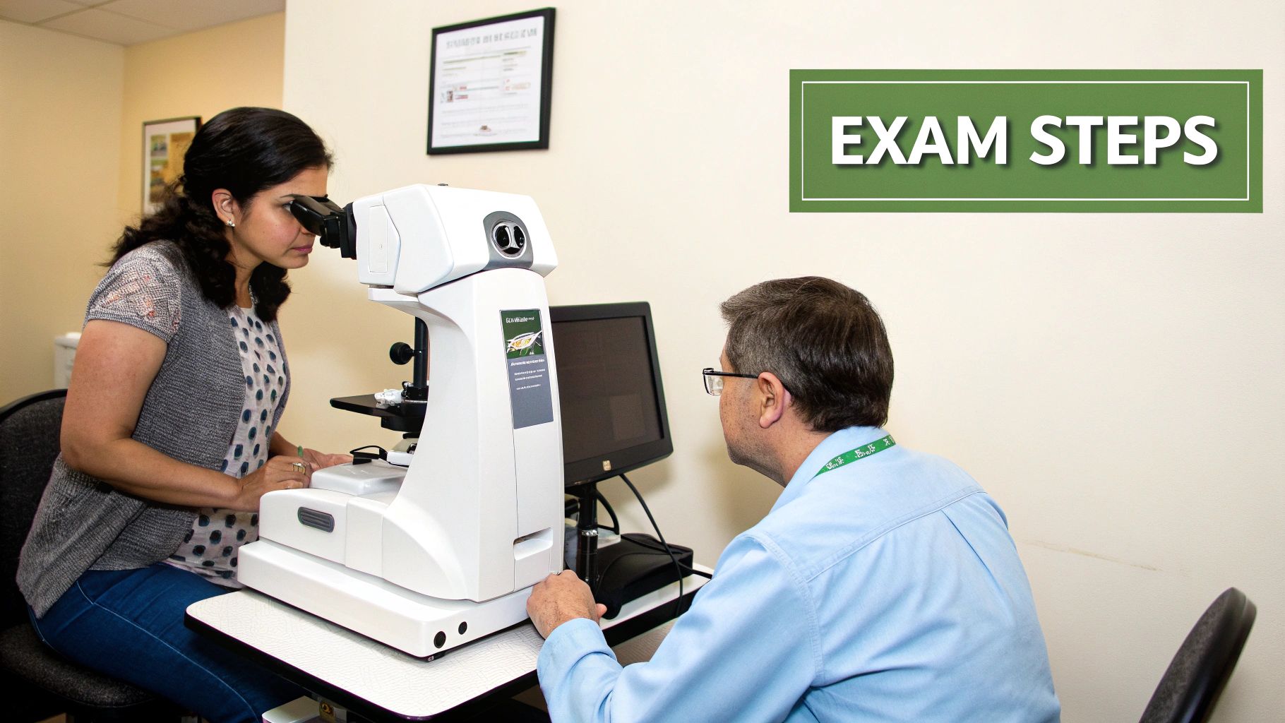 An optometrist conducting an eye exam on a patient using modern equipment