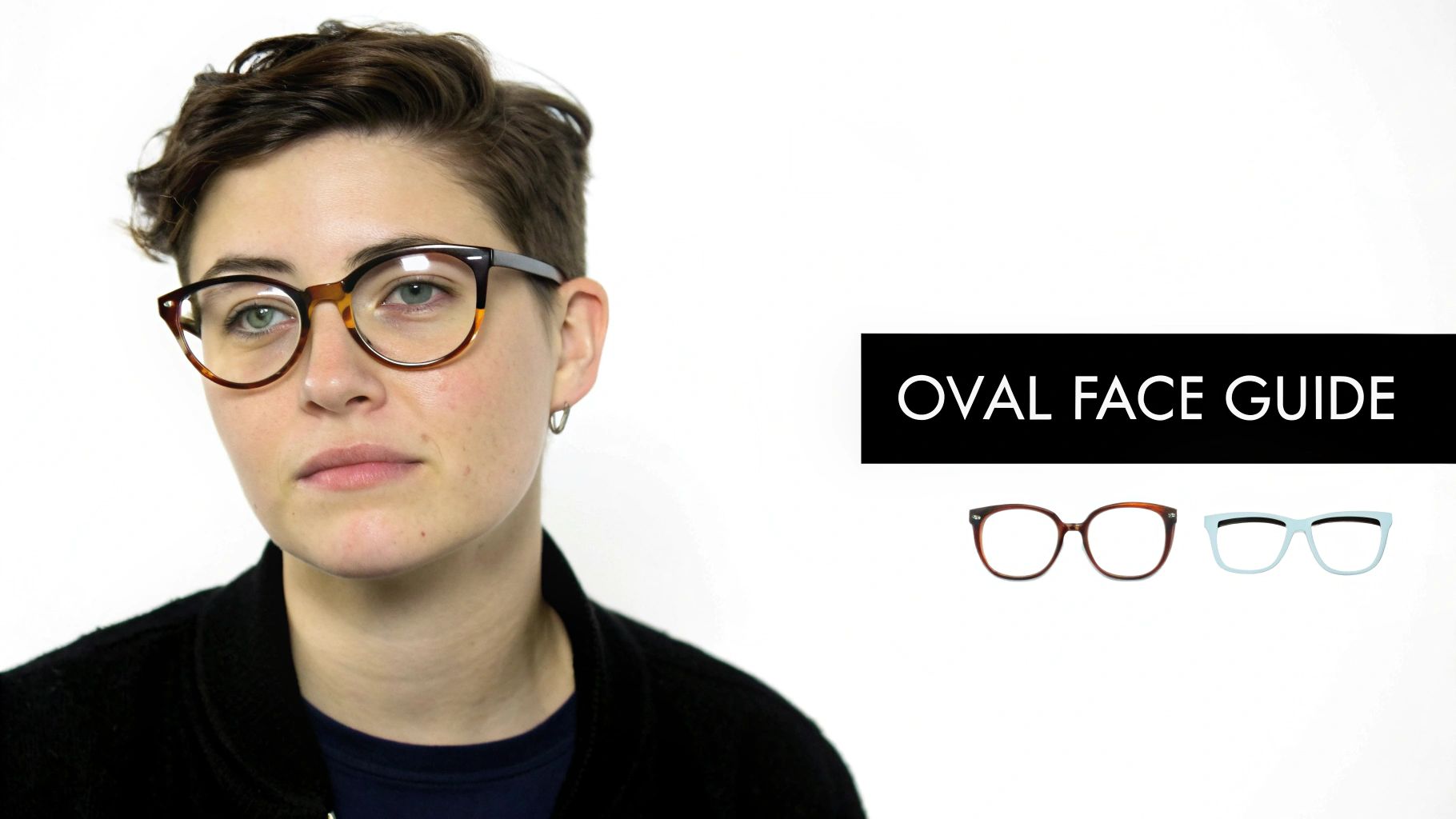 A person wearing tortoise-shell glasses looks forward, next to a 'OVAL FACE GUIDE' banner and two glasses frames.