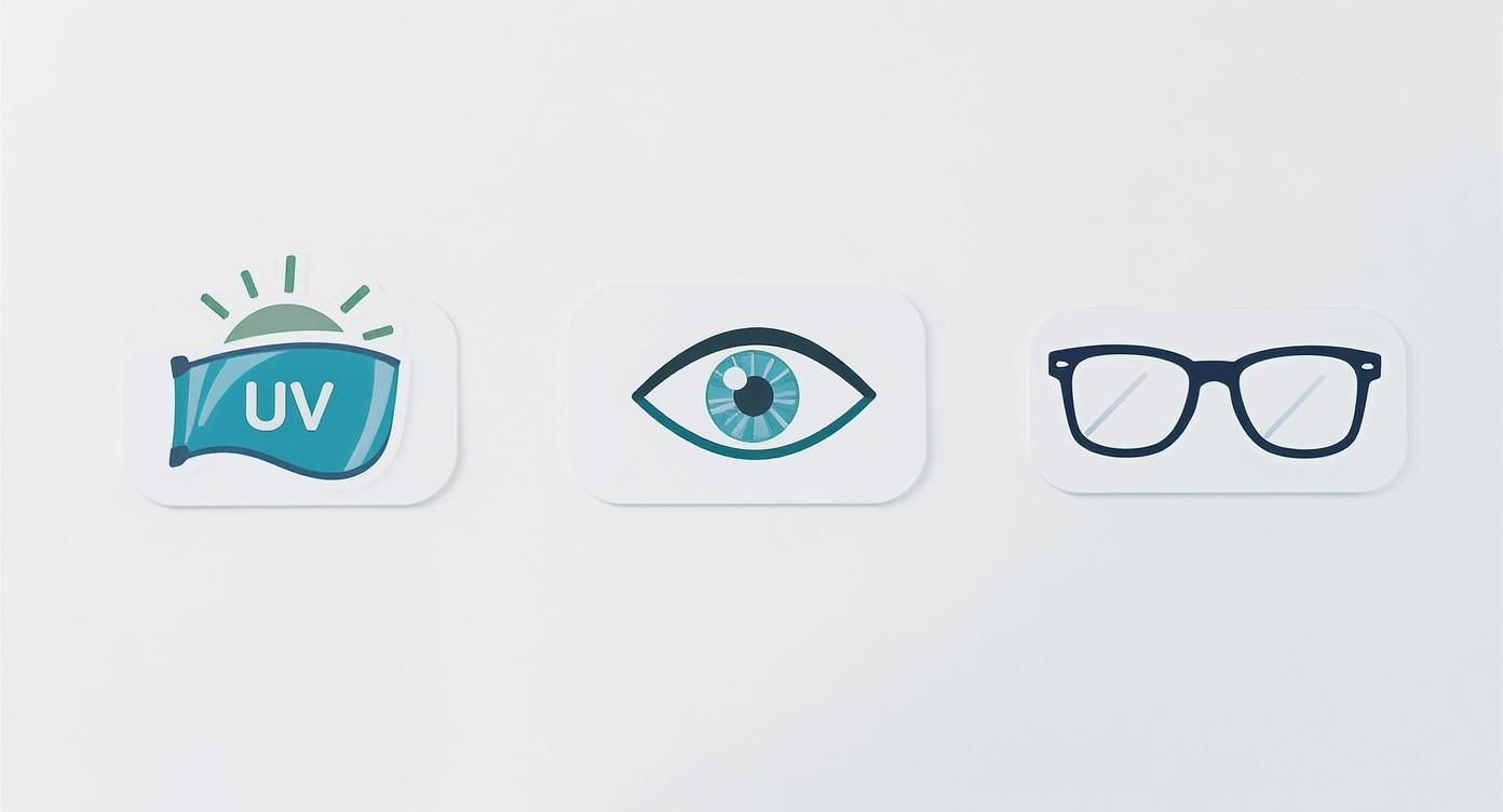 Infographic showing key eye health benefits of transition lenses including UV Shield, Less Squinting, and Convenience.