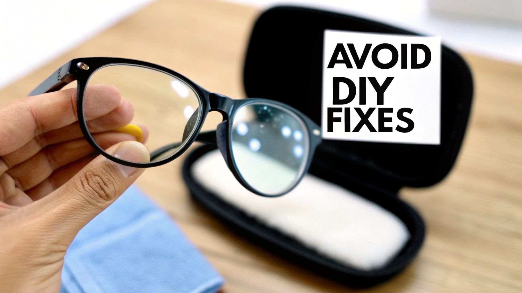 A hand holds black-framed glasses, with an open case and a card reading 'AVOID DIY FIXES' in the background.