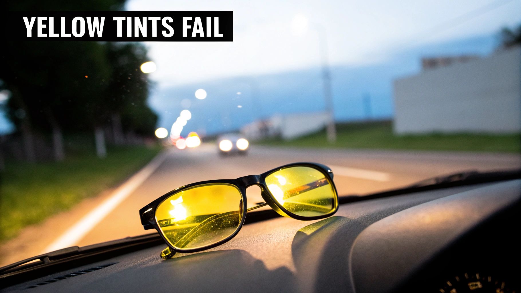 Yellow-tinted glasses sit on a car dashboard, overlooking a road with headlights at night. Text: YELLOW TINTS FAIL.