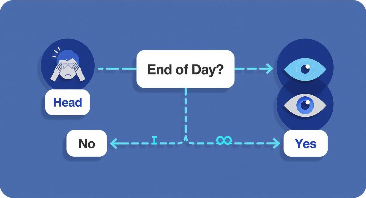 Infographic decision tree showing that whether you feel headaches or eye strain at the end of the day, blue light glasses can help.