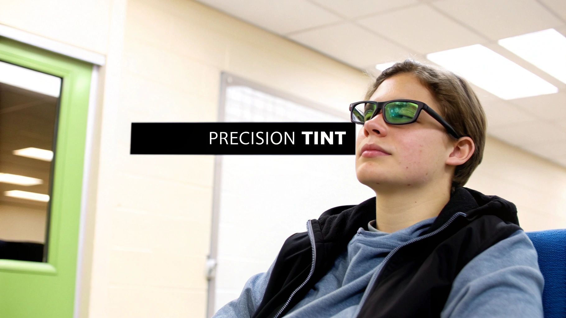 Woman wearing specialized glasses, looking comfortable in a bright environment