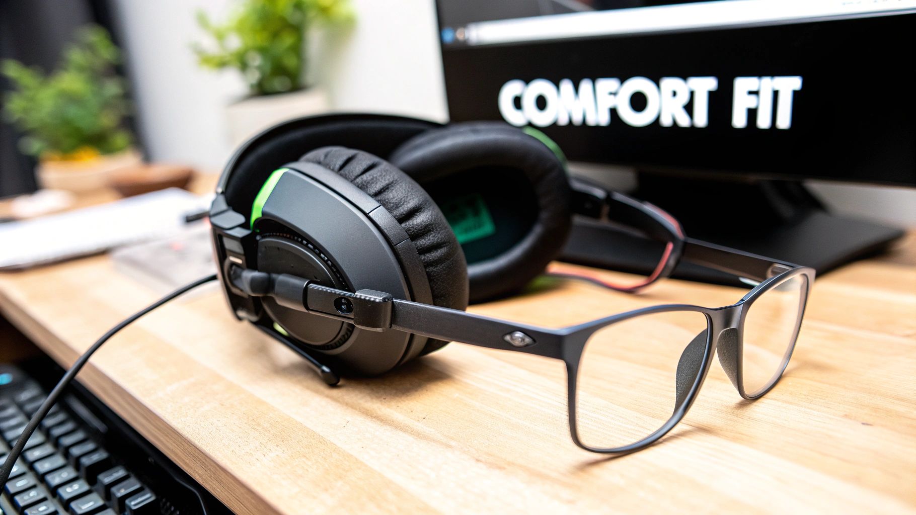 Gamer with headset on, wearing comfortable, thin-framed blue light glasses.