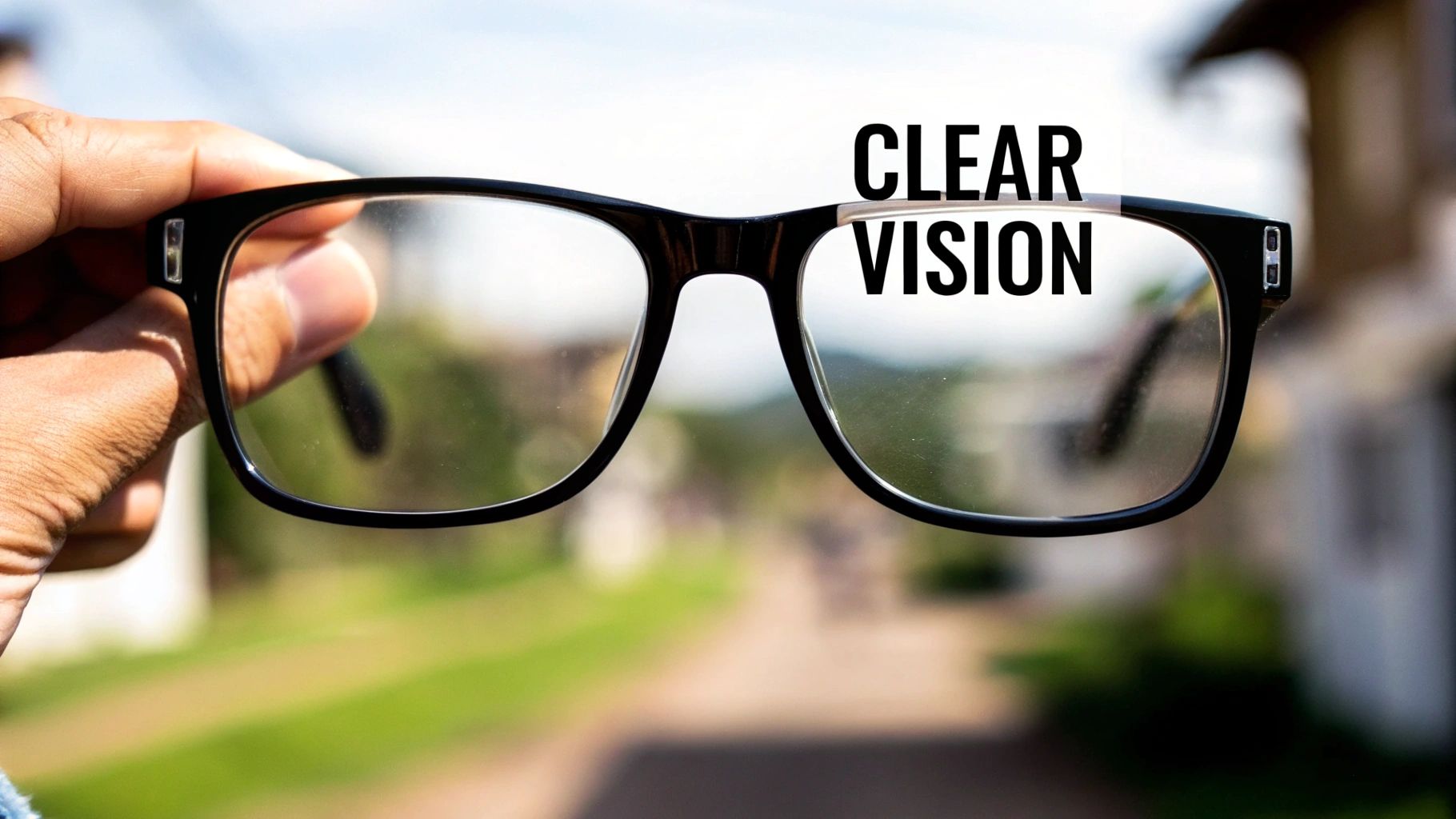 A hand holds black-framed eyeglasses with 'CLEAR VISION' text on the right lens, against a blurred outdoor background.