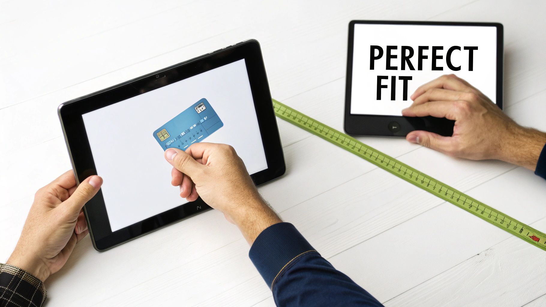 Two people's hands interact with tablets, one showing a credit card, the other 'PERFECT FIT', alongside a measuring tape.
