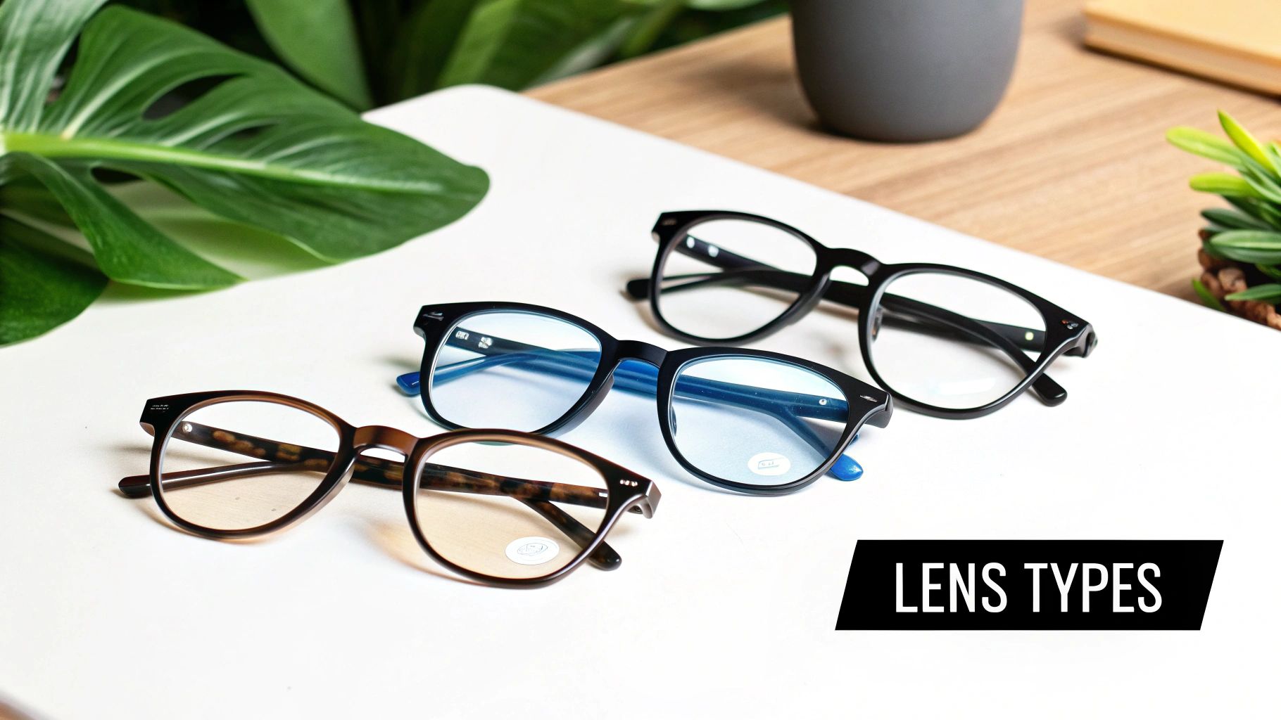 Three pairs of glasses showcasing various lens types: clear, blue light blocking, and amber-tinted.