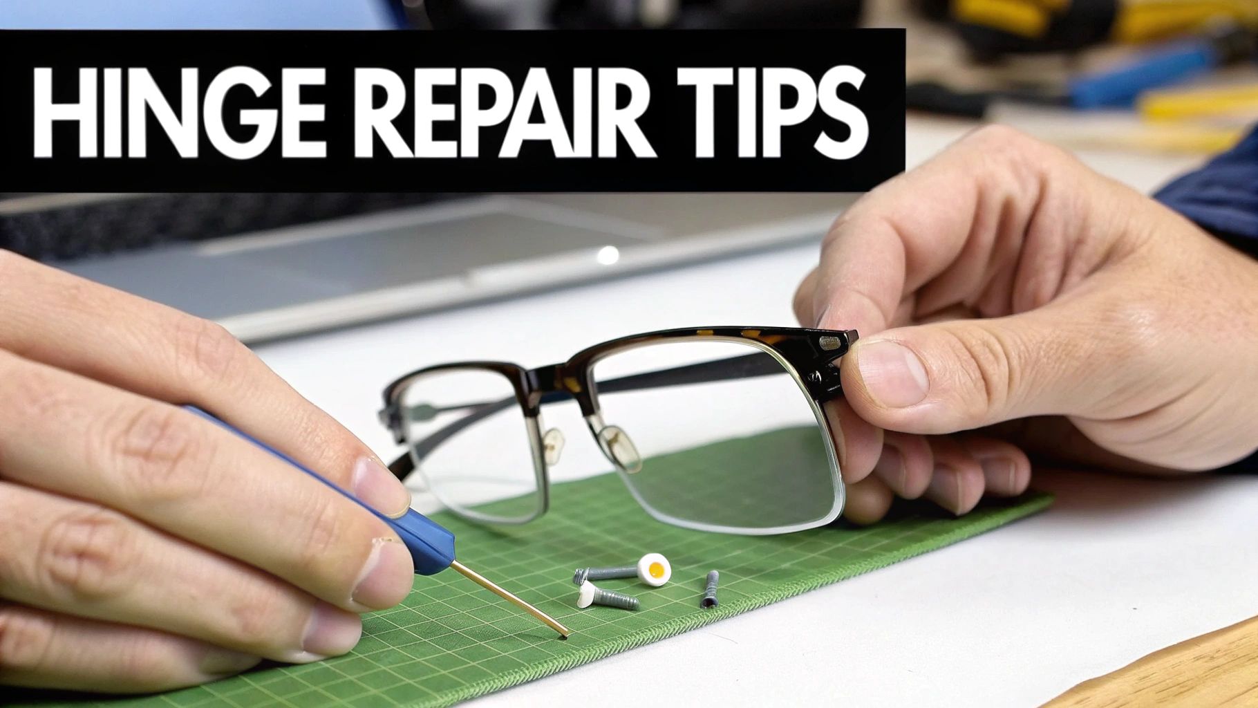 Hands repairing eyeglasses hinge with small screwdriver and replacement screws on green mat