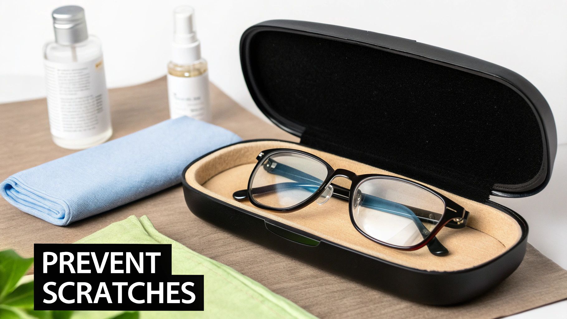 Eyeglasses in a protective hard case with cleaning solution bottles and microfiber cloths for care.