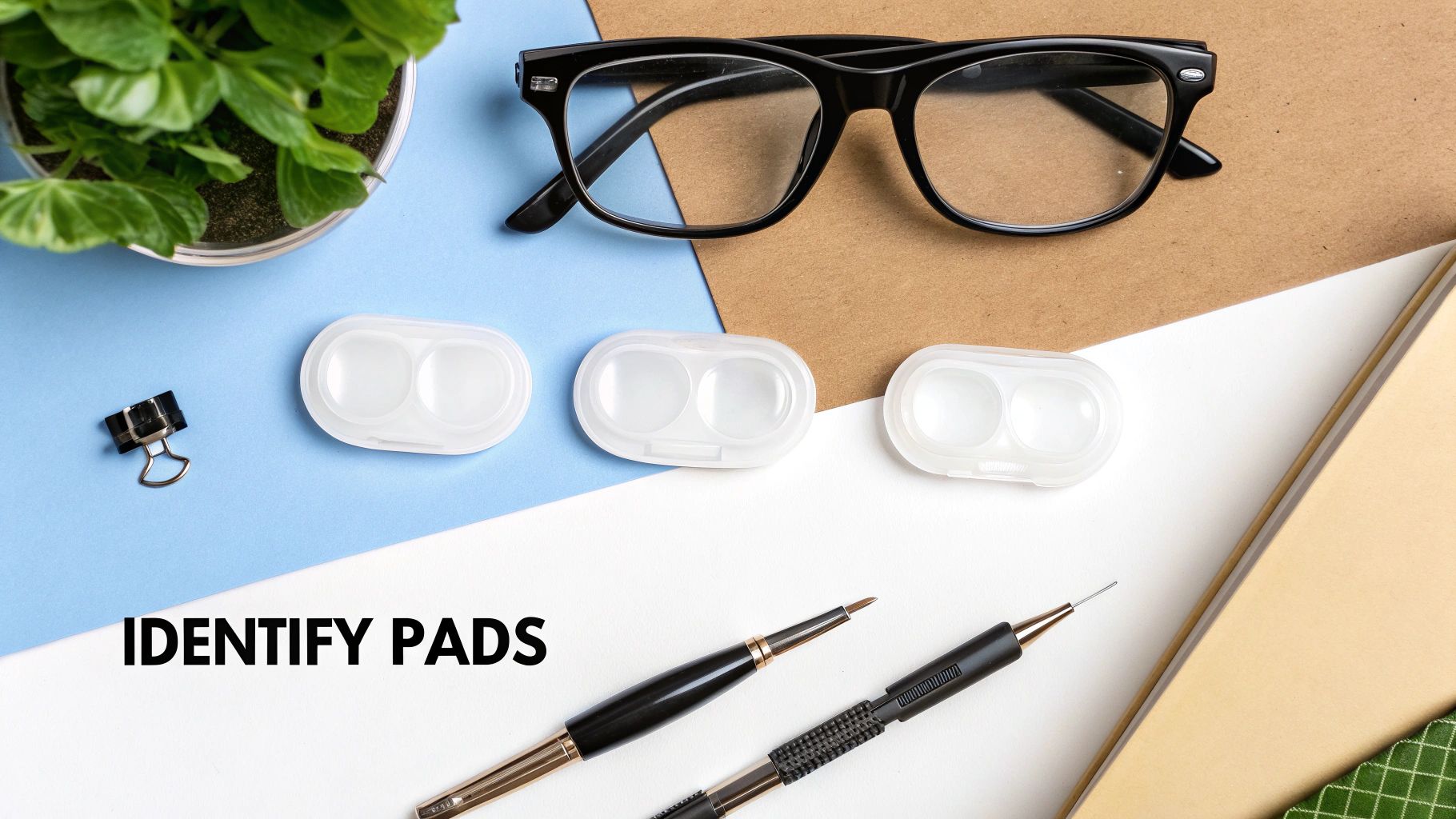 Flat lay of black eyeglasses, three contact lens cases, pens, a plant, and office items.
