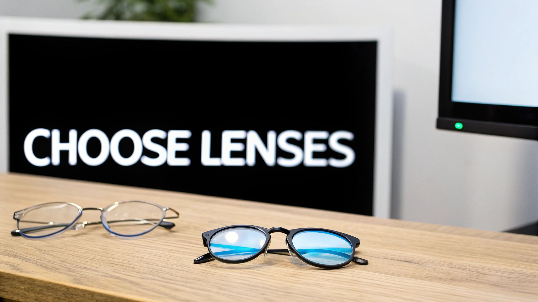 Two pairs of eyeglasses with blue light lenses on a wooden table, against a 'CHOOSE LENSES' sign.