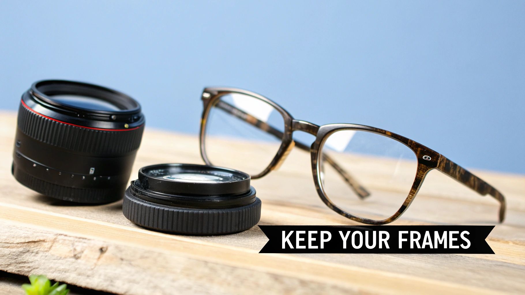 Stylish brown patterned eyeglasses next to two camera lenses on a wooden surface, with text 'KEEP YOUR FRAMES'.
