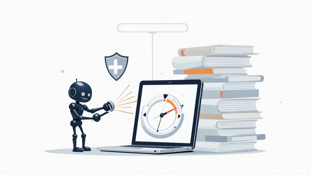 An AI robot illuminates a laptop displaying a timer, beside a stack of books and a medical shield.