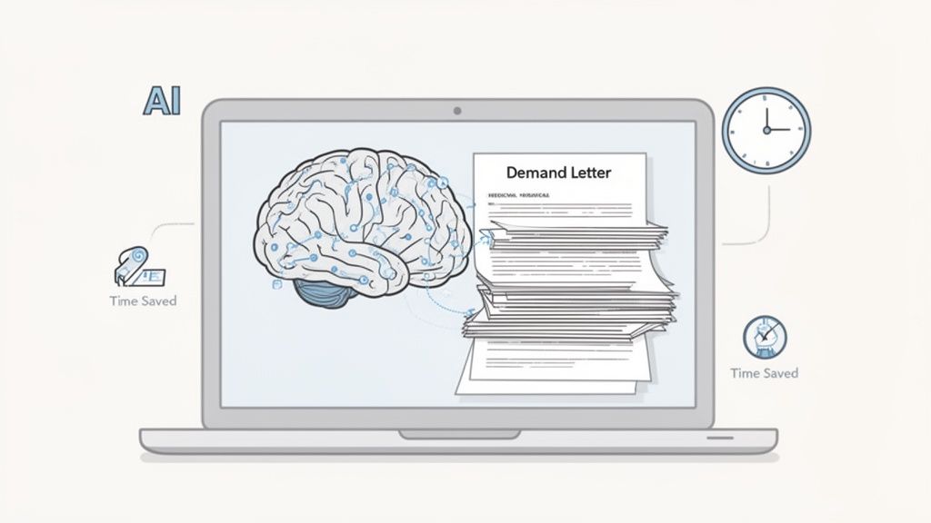 AI brain on a laptop screen connected to demand letters, indicating time saved.