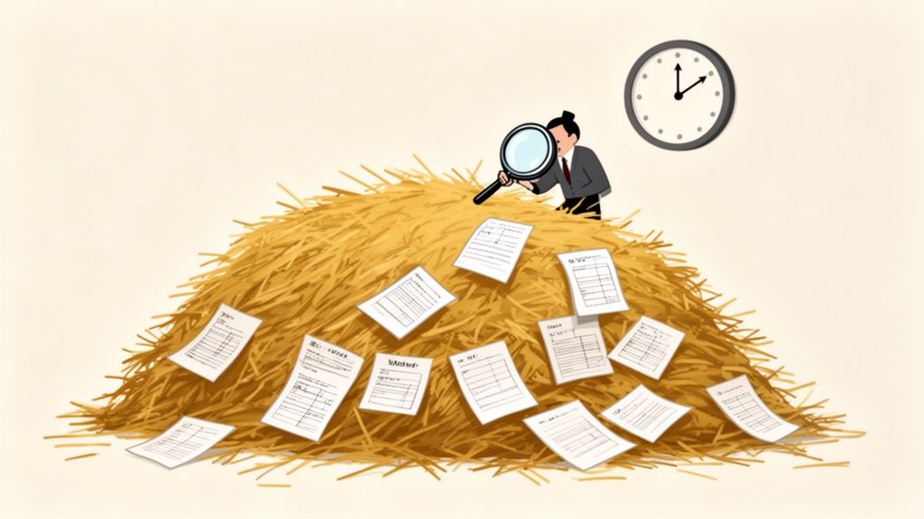 Businessman searching for documents with a magnifying glass in a massive haystack, time ticking.