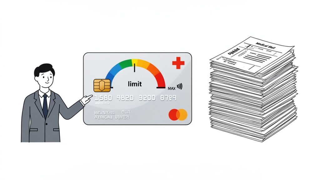 A man points to a medical credit card with a limit meter next to a stack of medical bills.