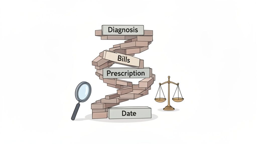 A DNA-like helix of medical records: diagnosis, bills, prescription, date, with a magnifying glass and balance scale.
