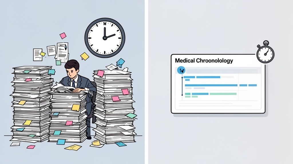 A person overwhelmed by paper documents contrasts with a clear 'Medical Chronology' software screen, symbolizing digital efficiency.