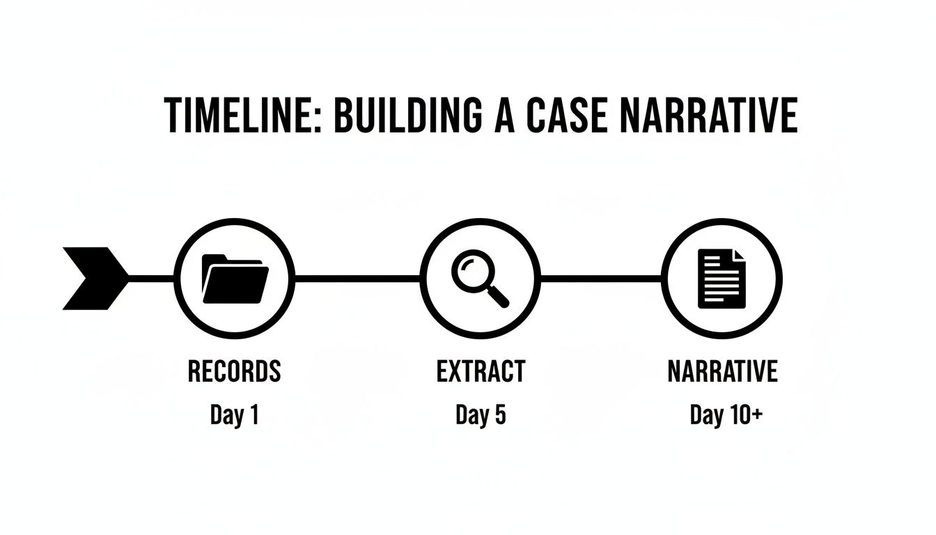 A timeline illustrates building a case narrative with three steps: Records (Day 1), Extract (Day 5), and Narrative (Day 10+).