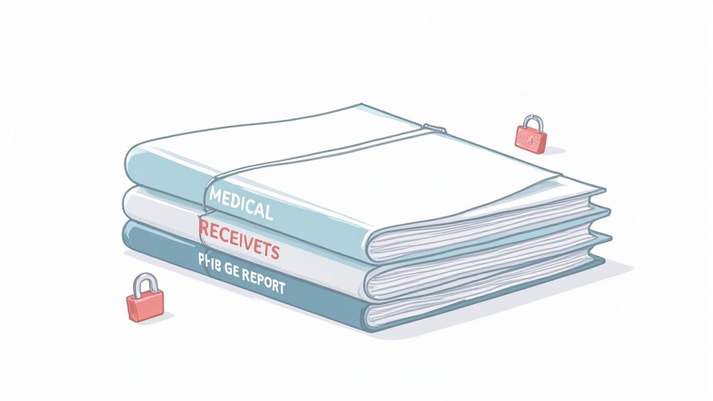 A stack of medical and financial documents with red padlocks, symbolizing data security.