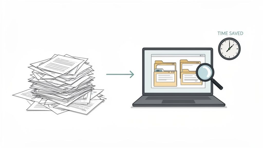 Illustration of a large stack of paper documents transforming into organized digital files on a laptop, with a clock showing time saved.