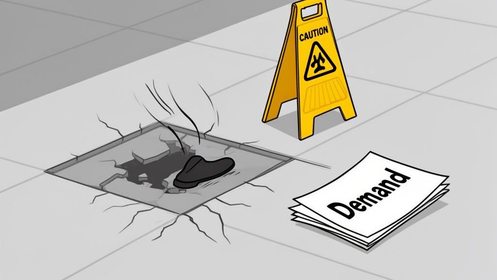 A shoe steps into a broken floor, next to a 'CAUTION' sign and a 'Demand' letter, symbolizing a personal injury.