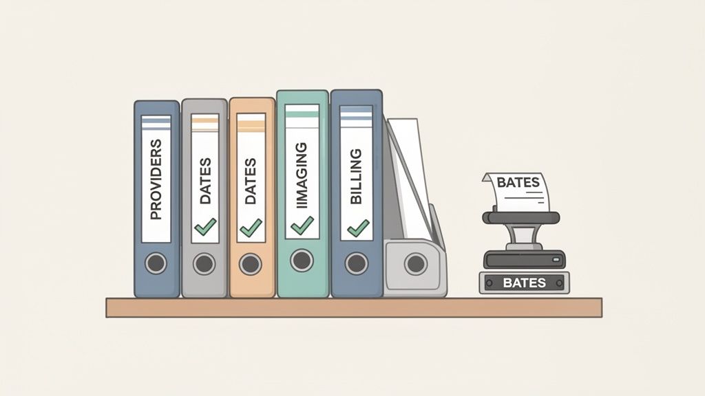 A shelf displays organized medical record binders for Providers, Dates, Imaging, Billing, next to a Bates stamper.
