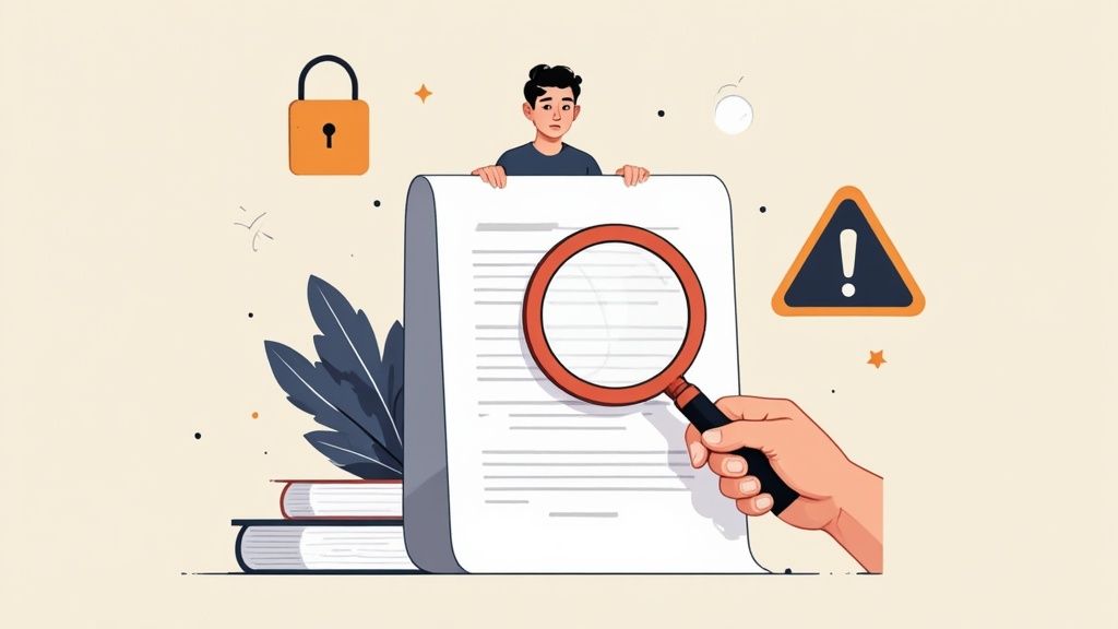 Hand holding magnifying glass examining legal document with security warning symbols and padlock illustration