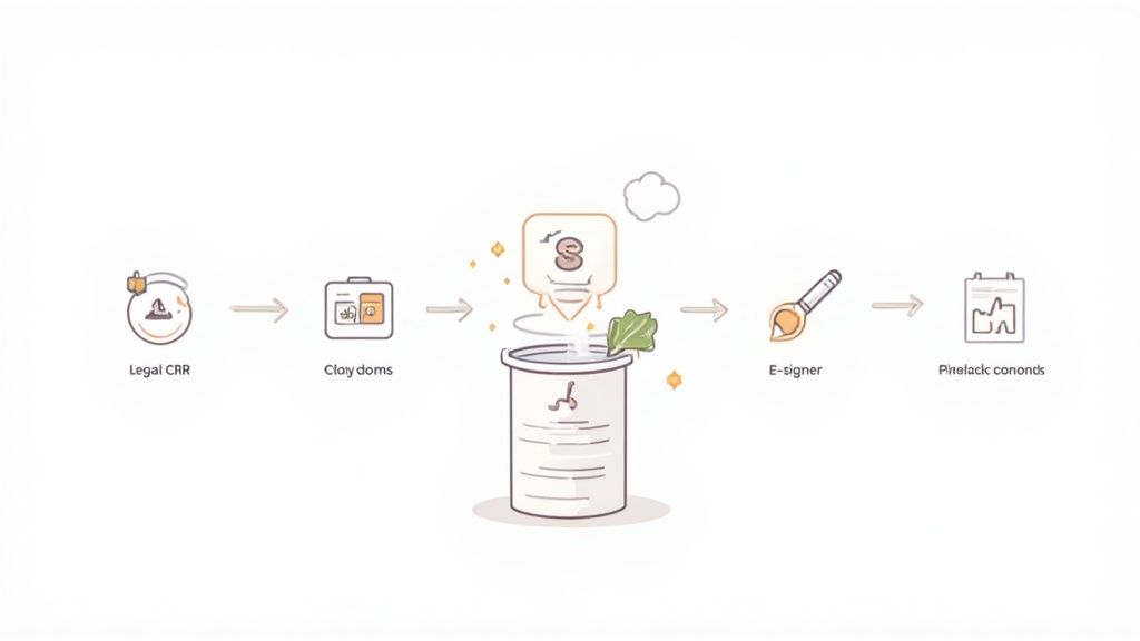 Legal workflow diagram showing process from CRM through cloning domains to e-signature and compliance