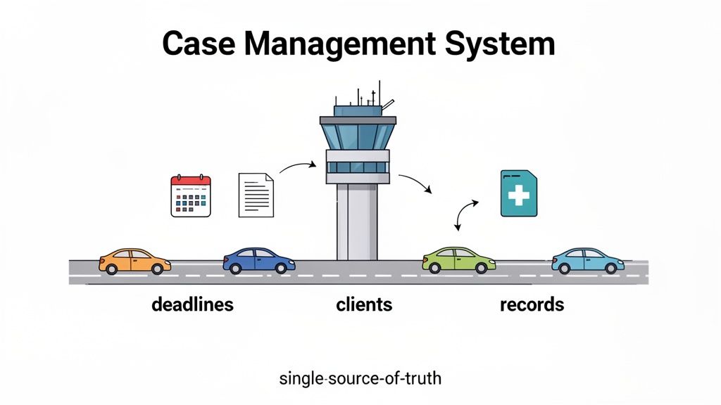 An illustration of a Case Management System, depicted as an airport control tower, centralizing deadlines, clients, and records.