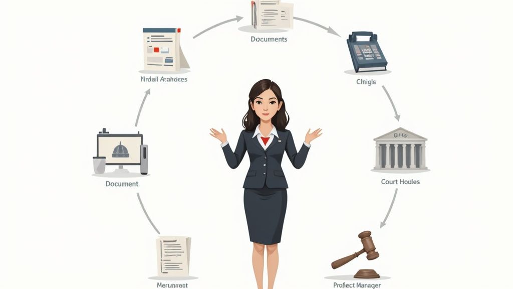 Professional woman in business suit surrounded by circular workflow showing litigation paralegal duties and legal documents