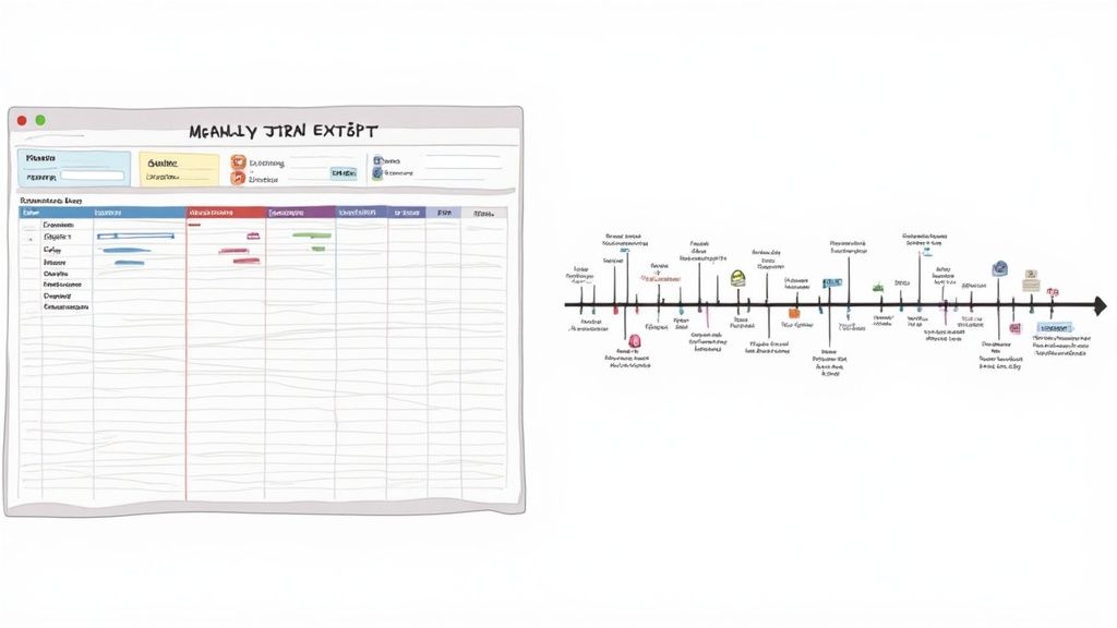 A medical journey excerpt project management board and a historical timeline are displayed side-by-side.