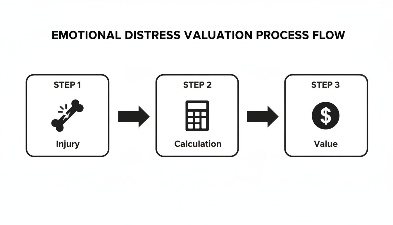 Flowchart illustrating the emotional distress valuation process: injury, calculation, and value steps.