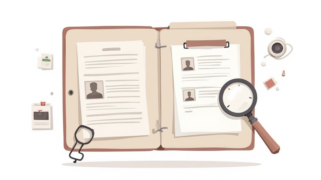 An open binder filled with documents, resumes with profiles, and magnifying glasses for review.