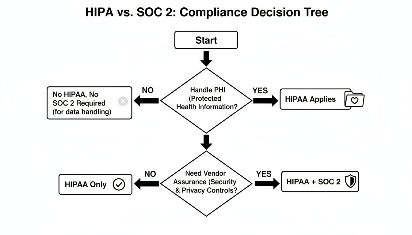 A flowchart illustrating the decision-making process for HIPAA and SOC 2 compliance requirements.