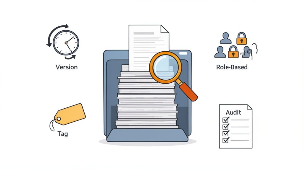 Icons representing key document management features: version control, role-based access, tagging, audit, and central document search.