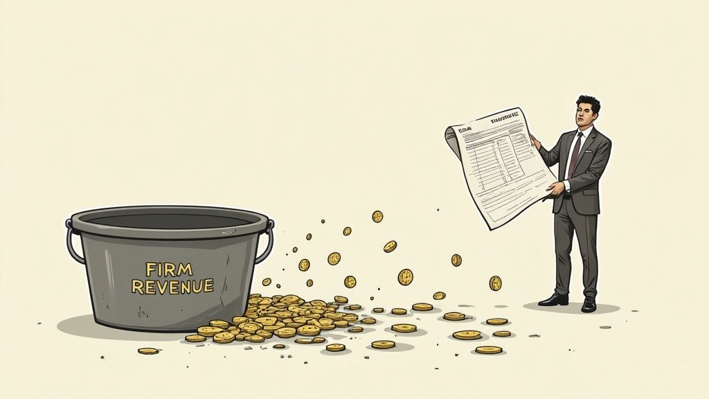 A businessman watches money fall from a document, spilling from an empty 'firm revenue' bucket.
