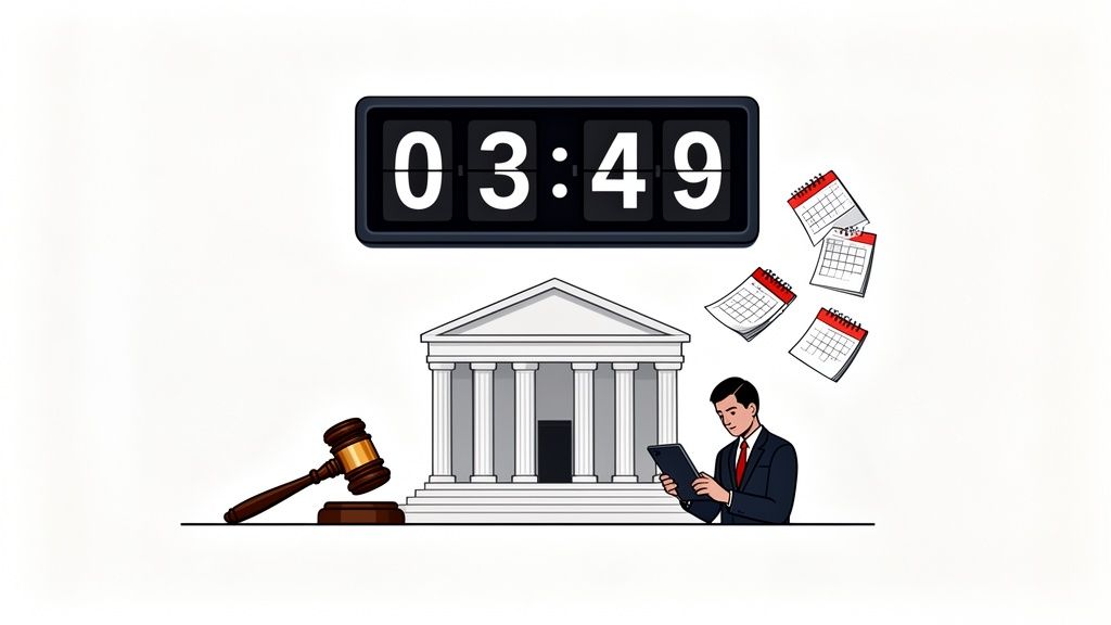 Illustration showing a lawyer, courthouse, gavel, clock, and flying calendars, symbolizing legal deadlines.