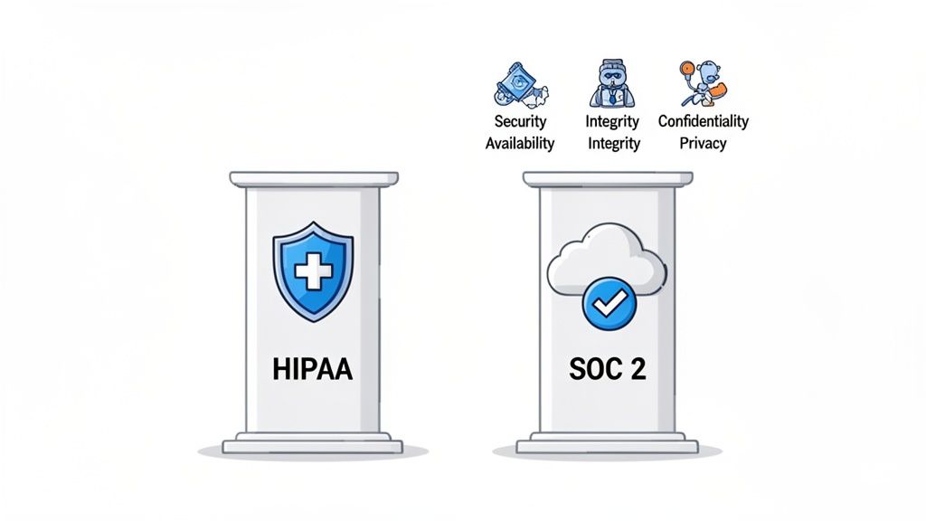 Illustration comparing HIPAA and SOC 2 compliance standards, highlighting security, availability, integrity, and privacy principles.