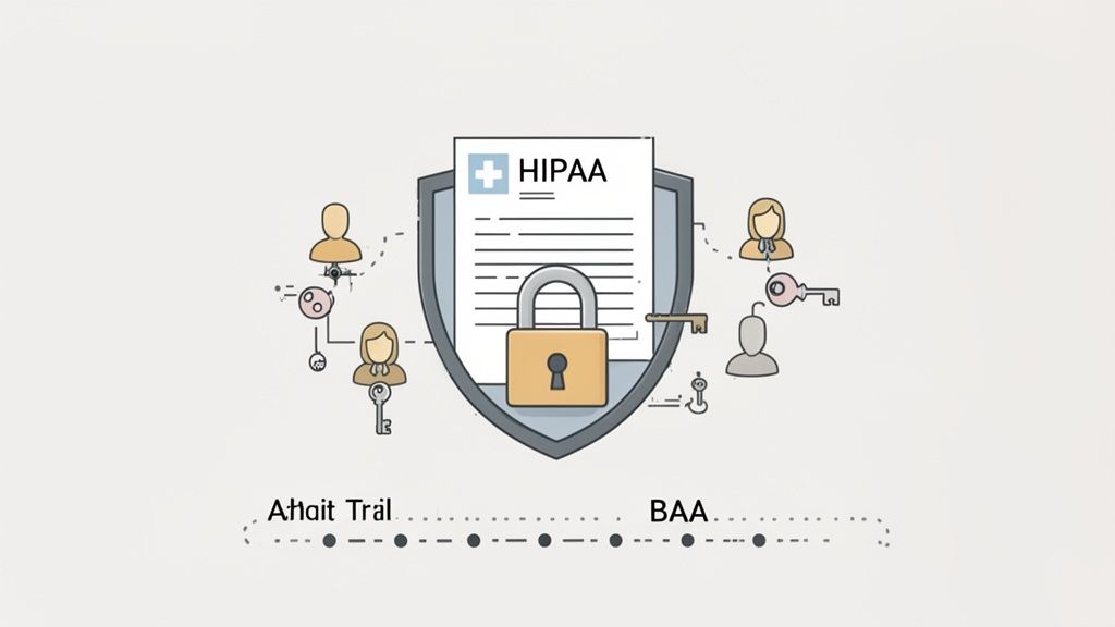Illustration of HIPAA compliance and data security, featuring a shield, padlock, and interconnected users.