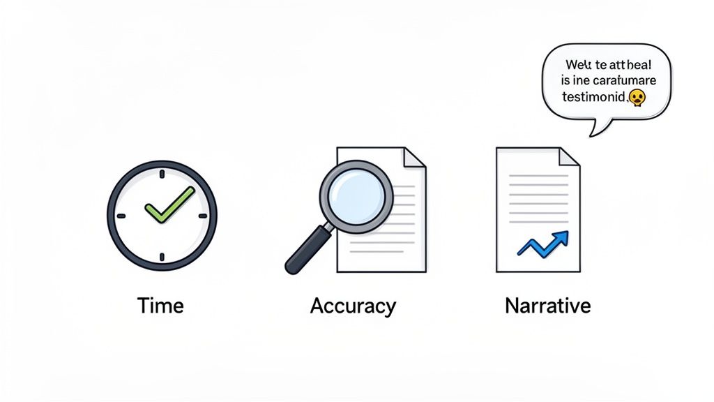Icons illustrating time, accuracy, and narrative in a data analysis or review process.