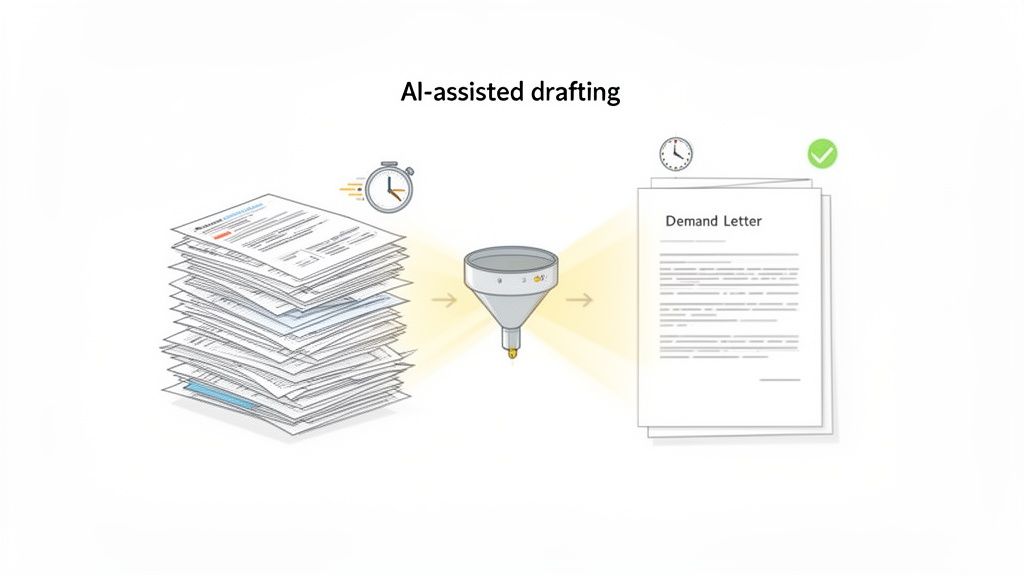 Illustration of AI-assisted drafting, converting multiple documents into a demand letter efficiently.
