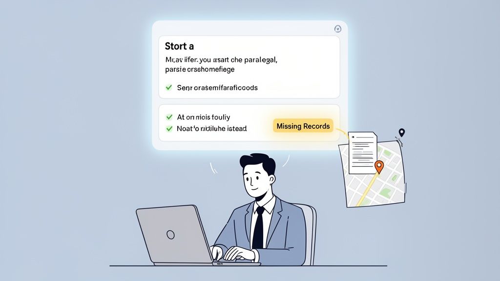 A paralegal works on a laptop, encountering 'Missing Records' with a map and document icon.